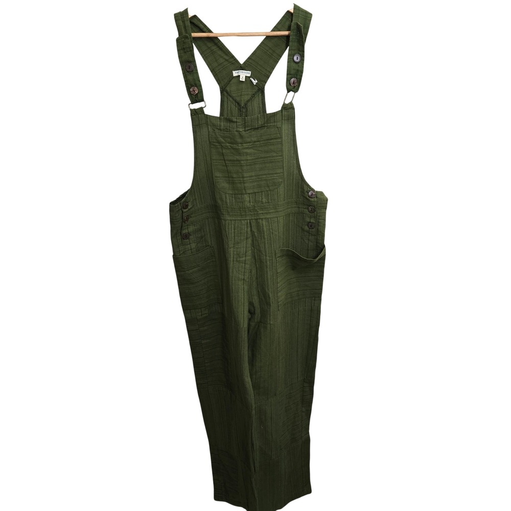 Earthbound Trading Co Olive Green Striped Jumpsuit Overalls Women's S - Picture 2 of 7